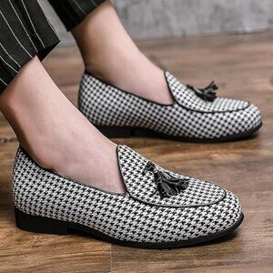 Santimon Mens US 10, 11 Black/White Slip-On Houndstooth Tassel Loafers Dress Sho